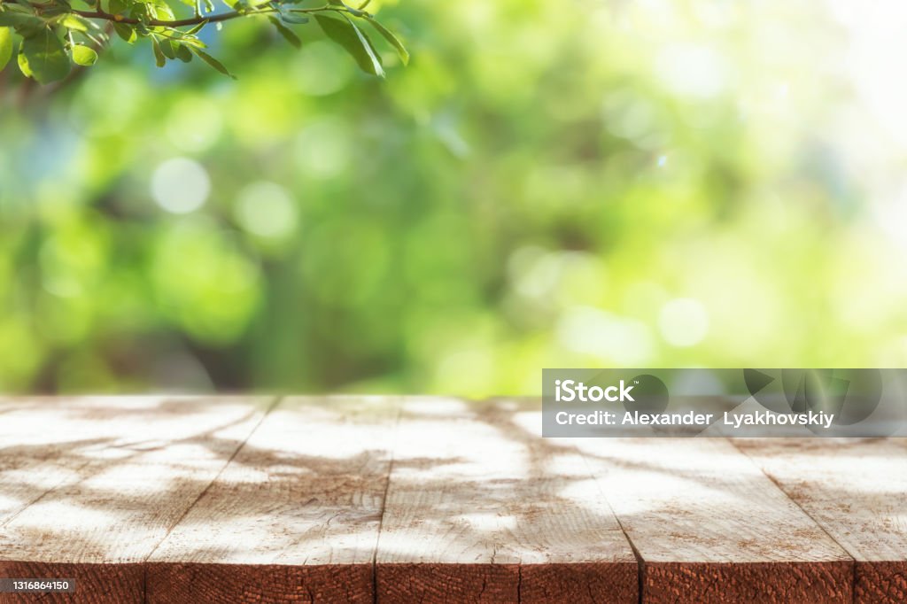 Empty Wooden Table with Defocused Green Lush Foliage at Background. Spring or Summer Backdrop. Empty rustic wooden table with defocused green lush foliage at background. Backdrop for product display on top of the table. Focus on foreground. Table Stock Photo