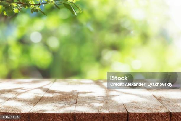 Empty Wooden Table With Defocused Green Lush Foliage At Background Spring Or Summer Backdrop Stock Photo - Download Image Now