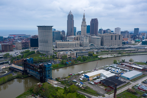 Downtown Cleveland skyline during spring on an overcast day.