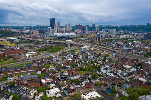 Aerial view of neighborhood just outside of downtown Pittsburgh.