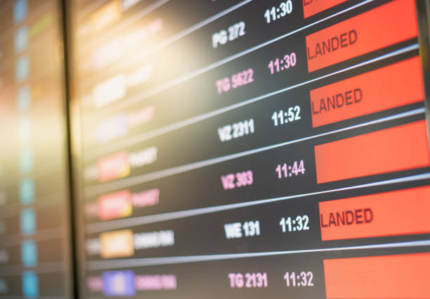 istock Airport flight information board or display and on time status. Different cities and destinations from all over the world. 1316867569
