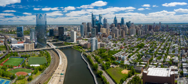 Panoramic aerial view of downtown Philadelphia, Pennsylvania Aerial view of downtown Philadelphia skyline on a clear day. philadelphia stock pictures, royalty-free photos & images