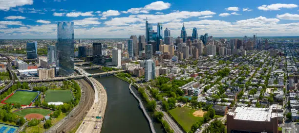 Aerial view of downtown Philadelphia skyline on a clear day.