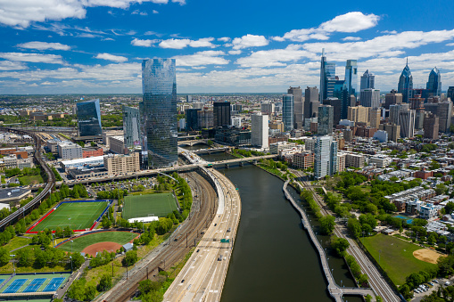 Aerial view of downtown Philadelphia skyline on a clear day.