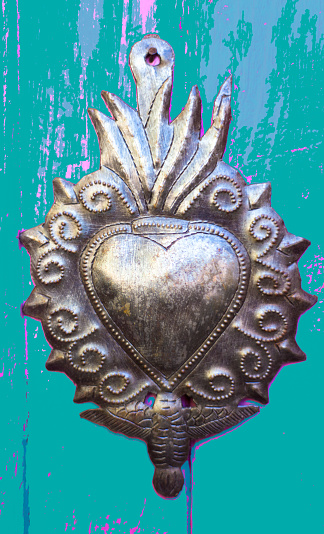 Antique Tin Milagros Heart, Turquoise Background