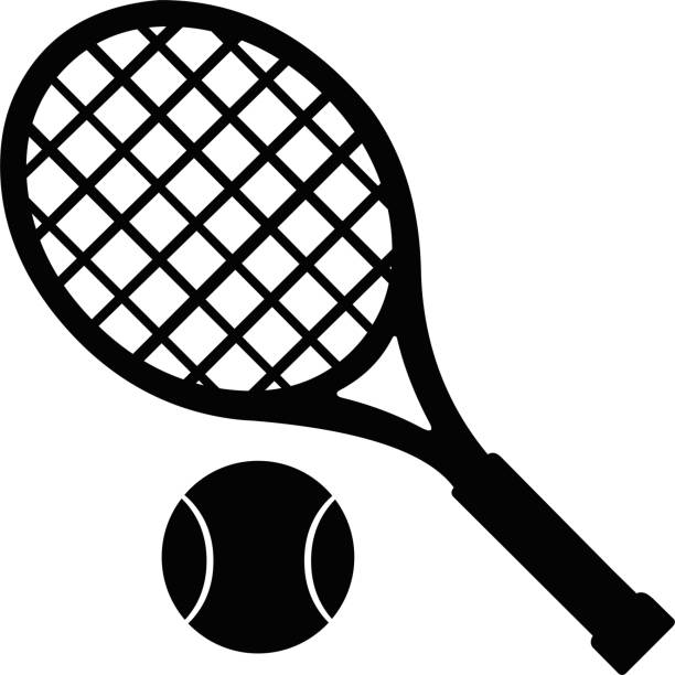 illustrations, cliparts, dessins animés et icônes de illustration vectorielle de silhouette noire de raquette et de bille de tennis - tennis serving silhouette racket