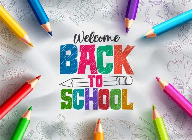 Vector illustration of Back to school vector background design. Welcome back to school text with colorful pencils educational supplies