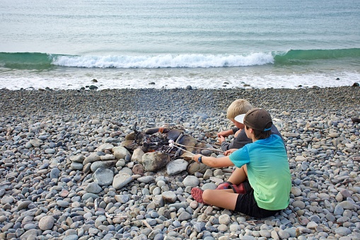 Children cook marshmallows on a campfire on a stoney beach. Taken at Cable Bay in New Zealand's Nelson Region.