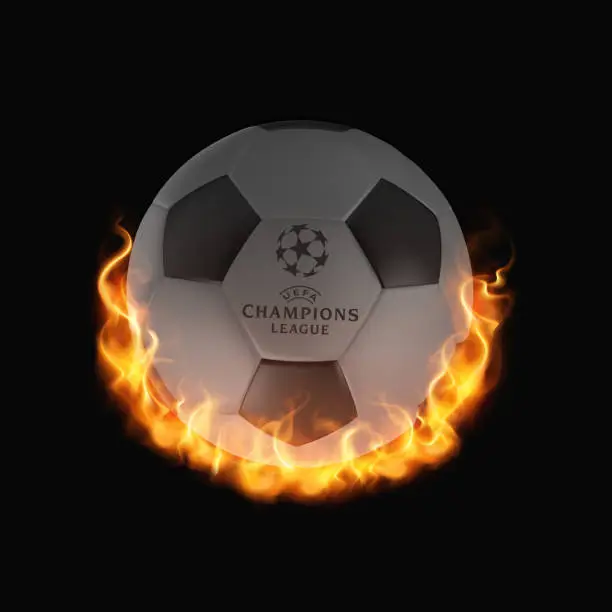 Vector illustration of Champions League ball burning with fire. Football or soccer tournament