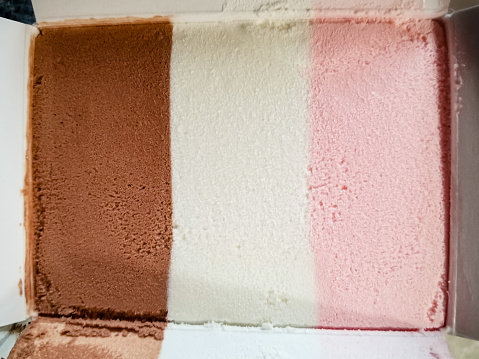 neapolitan ice cream, still in the box and untouched showing all three flavours
