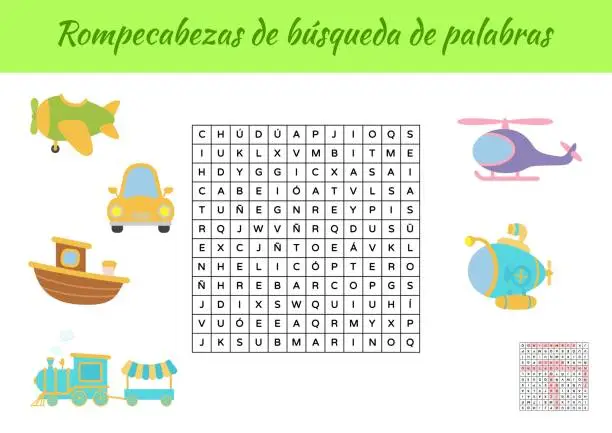 Vector illustration of Rompecabezas de bÃºsqueda de palabras - Word search puzzle. Educational game for study Spanish words. Kids activity worksheet colorful printable version with answers. Vector stock illustration