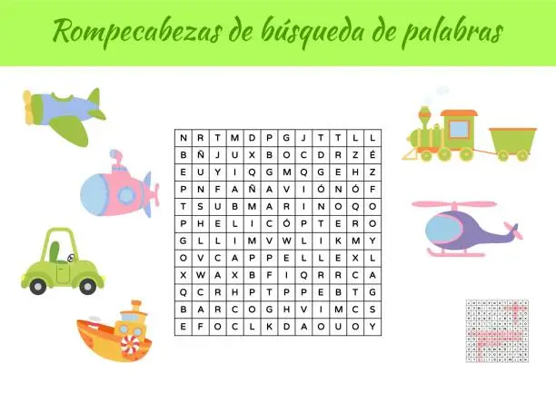 Vector illustration of Rompecabezas de bÃºsqueda de palabras - Word search puzzle. Educational game for study Spanish words. Kids activity worksheet colorful printable version with answers. Vector stock illustration