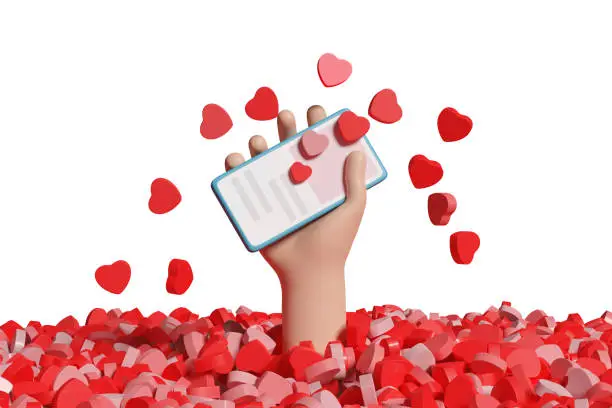 Photo of Cartoon hand with a mobile phone peeking out from a pile of hearts isolated on white background. 3d illustration.