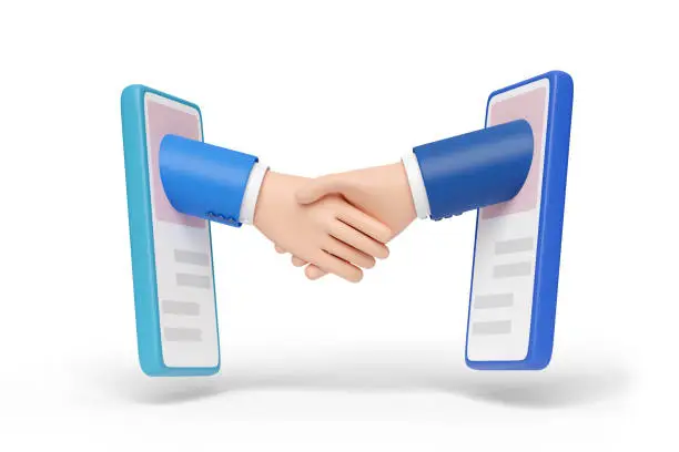 Photo of Handshake coming out of two mobile phones isolated on white background. 3d illustration.