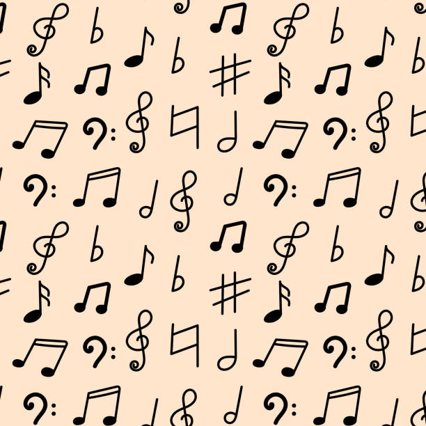 ilustrações de stock, clip art, desenhos animados e ícones de music sheet paper doodle seamless pattern, black notes on pink background. - choir elements