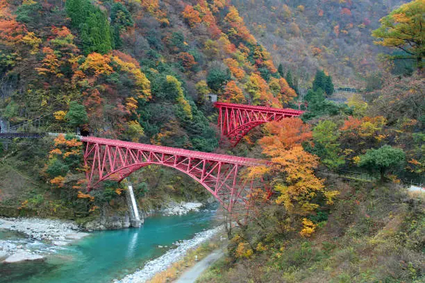 Photo of Yamahiko red Bridge in Kurobe Gorge, a famous place in Toyama.