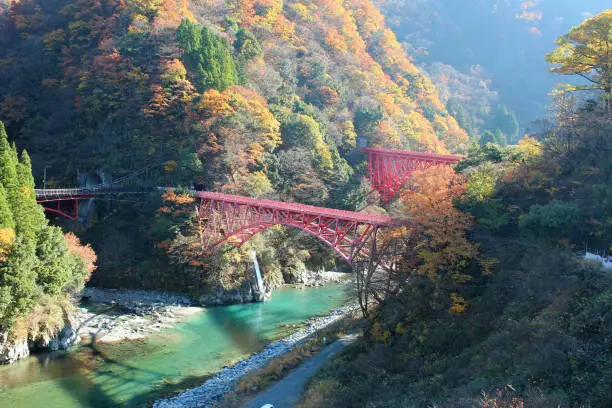 Photo of Yamahiko red Bridge in Kurobe Gorge, a famous place in Toyama.