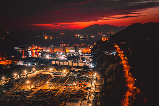 Petrochemical plant at twilight at Tsing Yi, Hong Kong