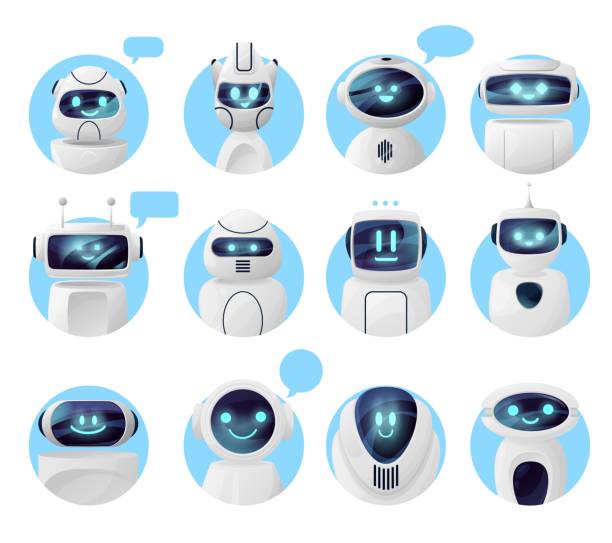 Chat bot icons, chatbot robots with message bubble Bots, chat robots or chatbot icons, vector virtual AI of service support. Chat bot icons with message bubbles and smile faces, digital messenger, smart assistance and service center communication robot stock illustrations