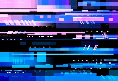 Glitch screen with pixels digital noise, vector background. No signal, distortion and glitch effect on display, neon blue red interference on TV or computer display, VHS video television