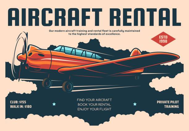 flugzeugvermietung retro poster, flugzeugpilotenausbildung - air vehicle airplane commercial airplane private airplane stock-grafiken, -clipart, -cartoons und -symbole