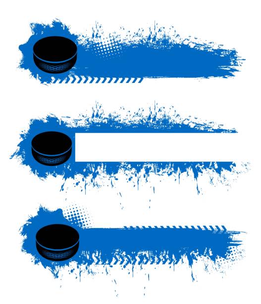 Ice hockey championship blank banners templates Ice hockey championship blank banners templates with rubber puck, blue paint or ink splatters, stains and smudges strokes, half tone vector texture. Ice hokey league game, team cup match icons hockey stock illustrations