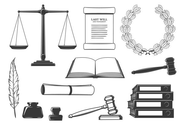 ilustrações, clipart, desenhos animados e ícones de ícones do direito, do tribunal e do sistema de justiça criminal - law weight scale legal system gavel