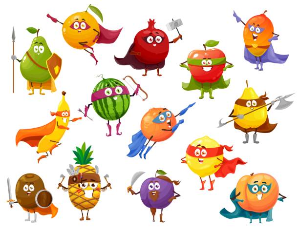 zestaw postaci z kreskówek o owocach superbohatera, super jedzenie - antioxidant stock illustrations