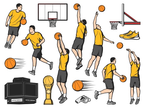 Basketball players and sport game equipment items, vector icons. Basketball or streetball basket and player dunk with ball, team male athletes jumping and dribbling ball, scoreboard and cup award