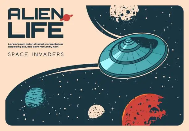 Vector illustration of Aliens UFO in outer space, galaxy universe planets