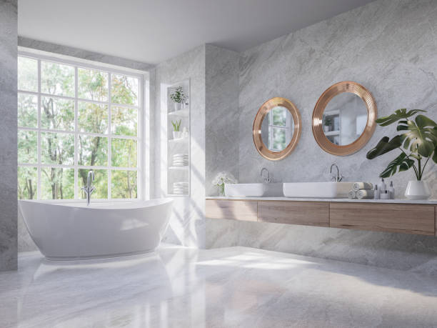 baño gris claro estilo de lujo con vistas a la naturaleza renderizado en 3d - traditional style fotografías e imágenes de stock