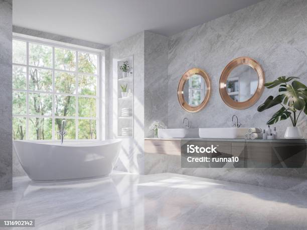 Luxury Style Light Gray Bathroom With Nature View 3d Render Stock Photo - Download Image Now