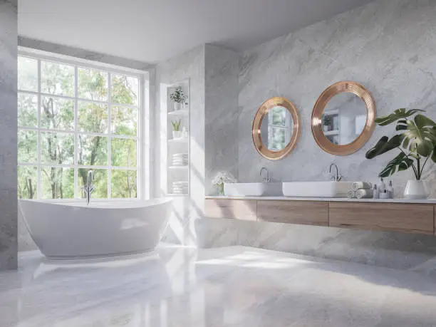 Photo of Luxury style light gray bathroom with nature view 3d render