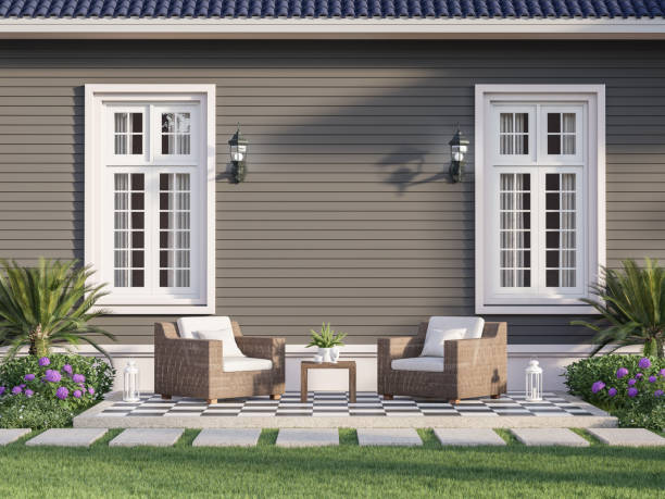 istock Outdoor terrace with empty gray plank wall background 3d render 1316902146
