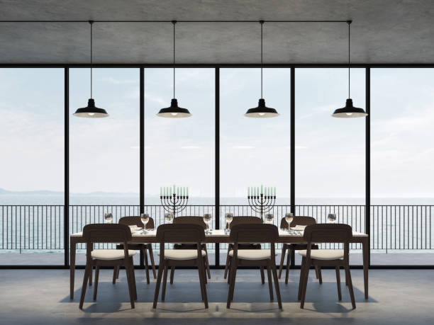 istock Minimal loft style dining room with sea view background 3d render 1316902724