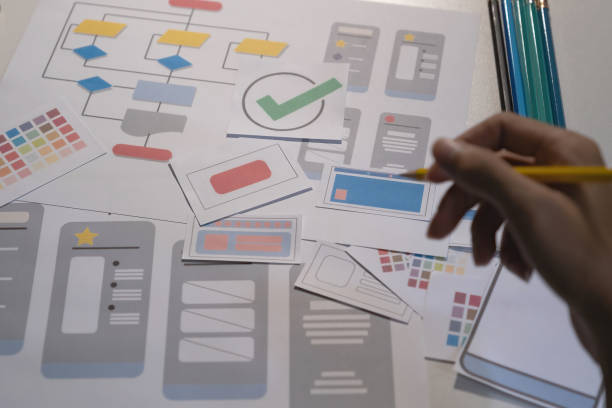 istock Designers drawing mobile ux app development concept. Man hold pencil with mockup ui. 1316904515