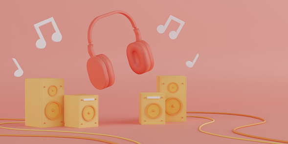 3d rendering red headphones with yellow speakers and white musical note.