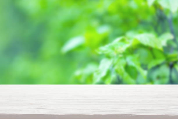 istock White wood table top on blur green bush background 1316905737