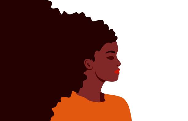 schwarze frau lose lange lockige haare, schönes mädchen auf weißem hintergrund, natürliches haarkonzept, junge afrikanische amerikanische illustration - afro women african descent silhouette stock-grafiken, -clipart, -cartoons und -symbole