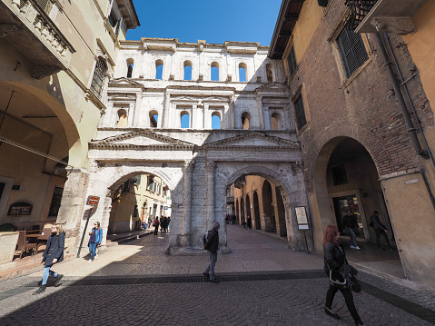 Verona, Italy - Circa March 2019: Porta Borsari (aka Porta Iovia) city gate