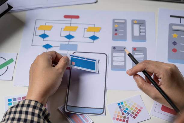 istock Rear view of developer ux and ui designer about mobile phone app and choosing some interface to mockup phone. Creative digital development agency concept. 1316907911