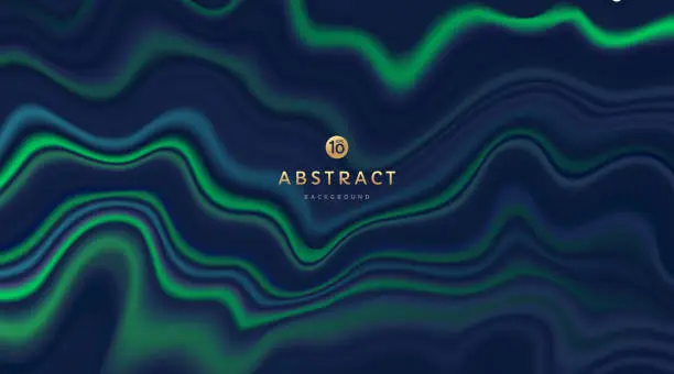 Vector illustration of Modern dark blue and glowing neon green color wavy pattern. Fluid dark marble texture. Liquid dynamic trendy gradient wave background. Abstract blurred banner design. EPS10 vector