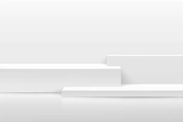 Vector illustration of Modern white and grey cube pedestal podium. Geometric steps platform. White minimal wall scene. Vector rendering 3d shape for Product display presentation. Abstract studio room concept. EPS10 vector.