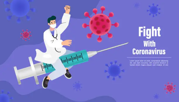 Vector illustration of Doctors fight coronavirus with covid19 vaccine. The doctor rode a syringe to fight disease. Illustration about health care and safety.