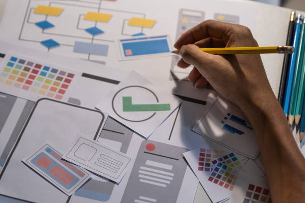 istock Designers drawing mobile ux app development concept. Man hold pencil with mockup ui. 1316910884