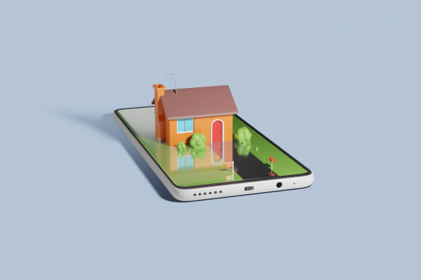 A stylized cartoon house for sale rising up from a mobile phone. Concept of modern real estate. Buying and selling home online. A stylized cartoon house for sale rising up from a mobile phone. Concept of modern real estate. Buying and selling home online. 3D rendering. house phone stock pictures, royalty-free photos & images