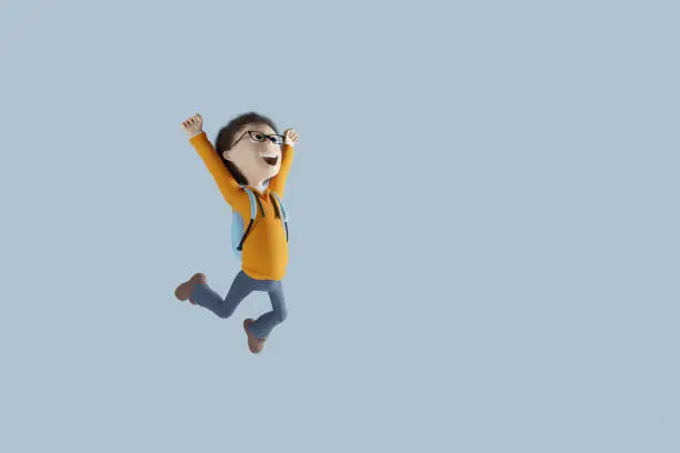 A cheerful young boy jumping and celebrating. 3D rendering.