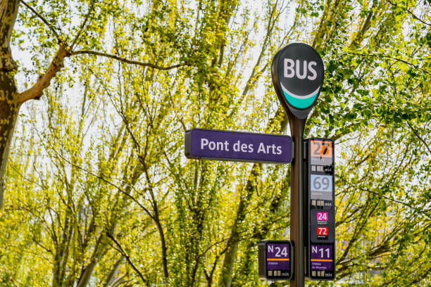Bridge (Ponts des Arts) bus stop sign in Paris, France under green leaves tree in spring.