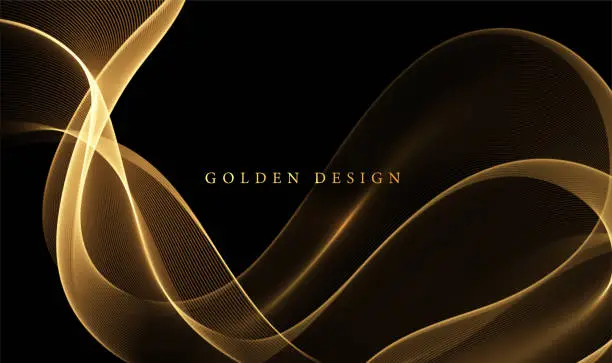 Vector illustration of Abstract Gold Waves. Shiny golden moving lines design element on dark background for greeting card and disqount voucher.