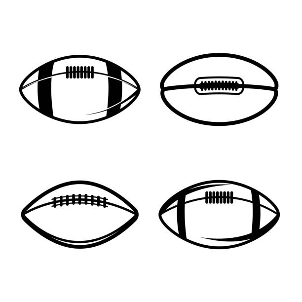 빈티지 흑백 스타일의 럭비 공의 일러스트 레이션 세트. 라벨, 기호, 엠블럼, 포스터용 디자인 요소. 벡터 일러스트레이션 - 미식 축구공 stock illustrations
